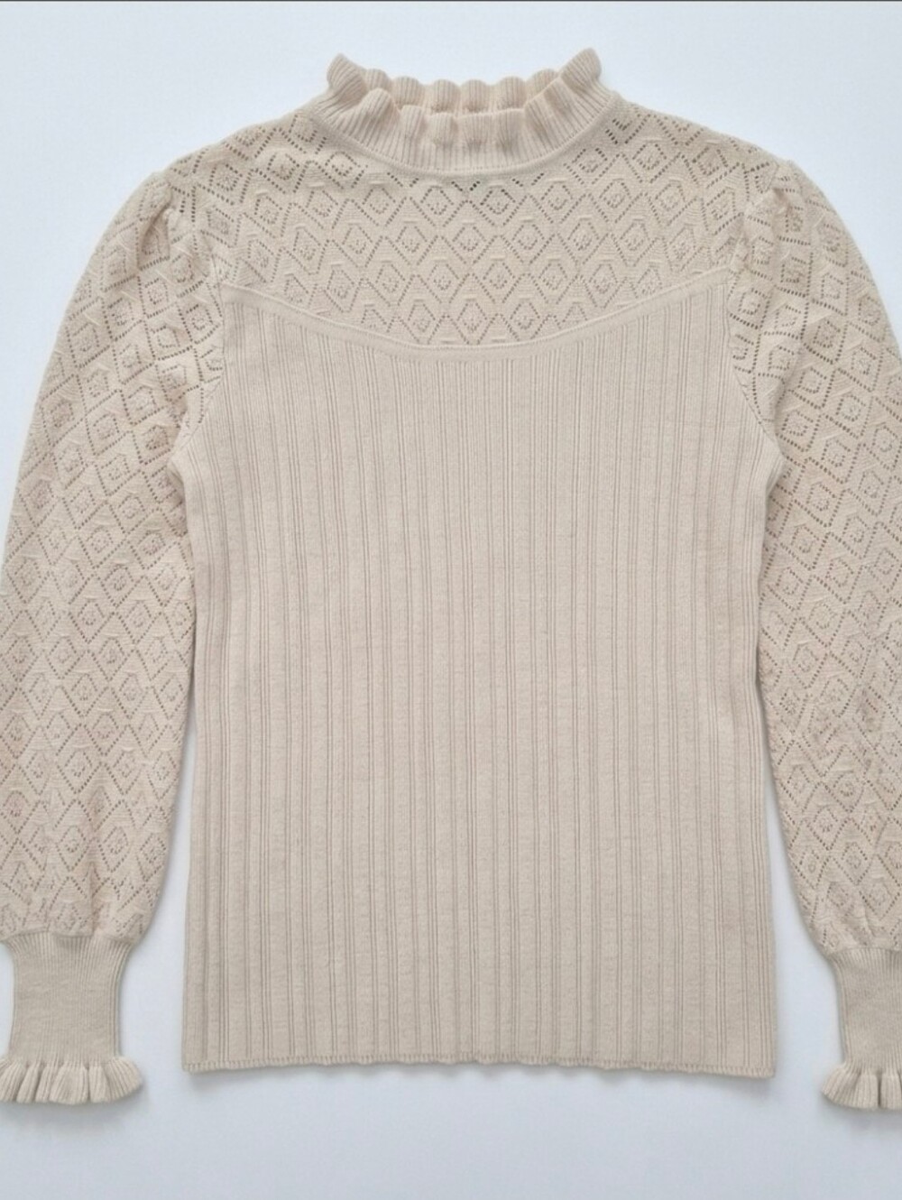 Cream Pointelle Lace Knit Mock Neck Sweater Statement Sleeves Cotton M
